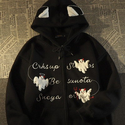 American Vintage Devil Letter Κεντημένο Γυναικείο Παλτό 2023 High Street Fashion Trend Gothic Loose Casual πουλόβερ με κουκούλα