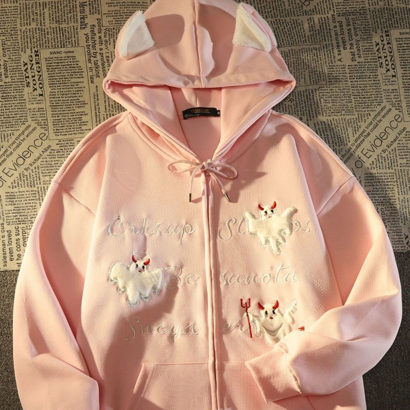 American Vintage Devil Letter Κεντημένο Γυναικείο Παλτό 2023 High Street Fashion Trend Gothic Loose Casual πουλόβερ με κουκούλα