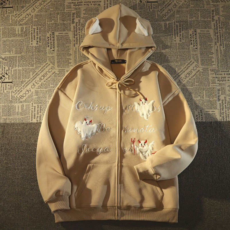 American Vintage Devil Letter Κεντημένο Γυναικείο Παλτό 2023 High Street Fashion Trend Gothic Loose Casual πουλόβερ με κουκούλα