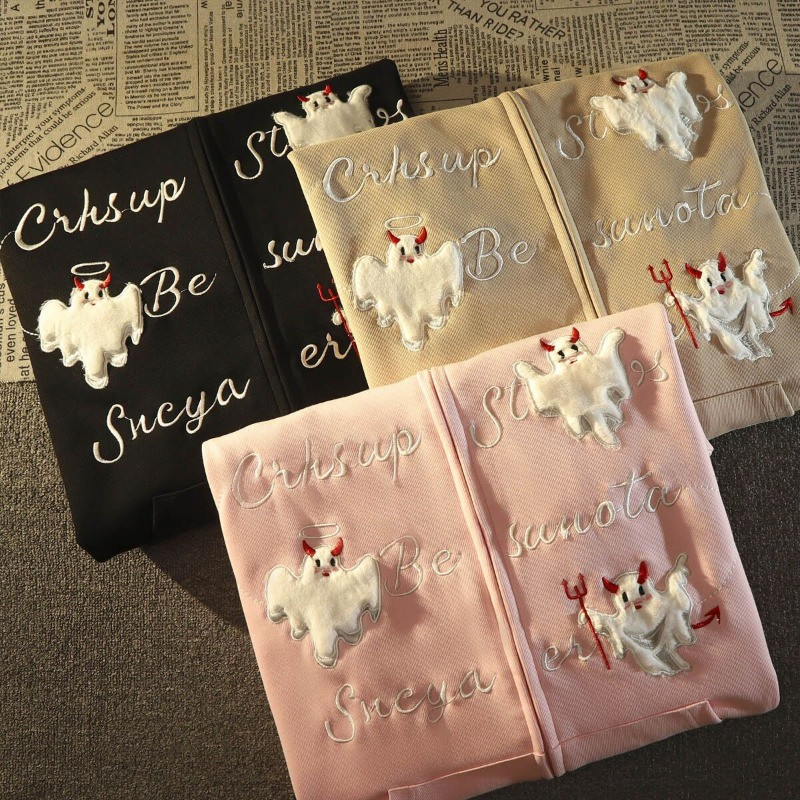 American Vintage Devil Letter Κεντημένο Γυναικείο Παλτό 2023 High Street Fashion Trend Gothic Loose Casual πουλόβερ με κουκούλα