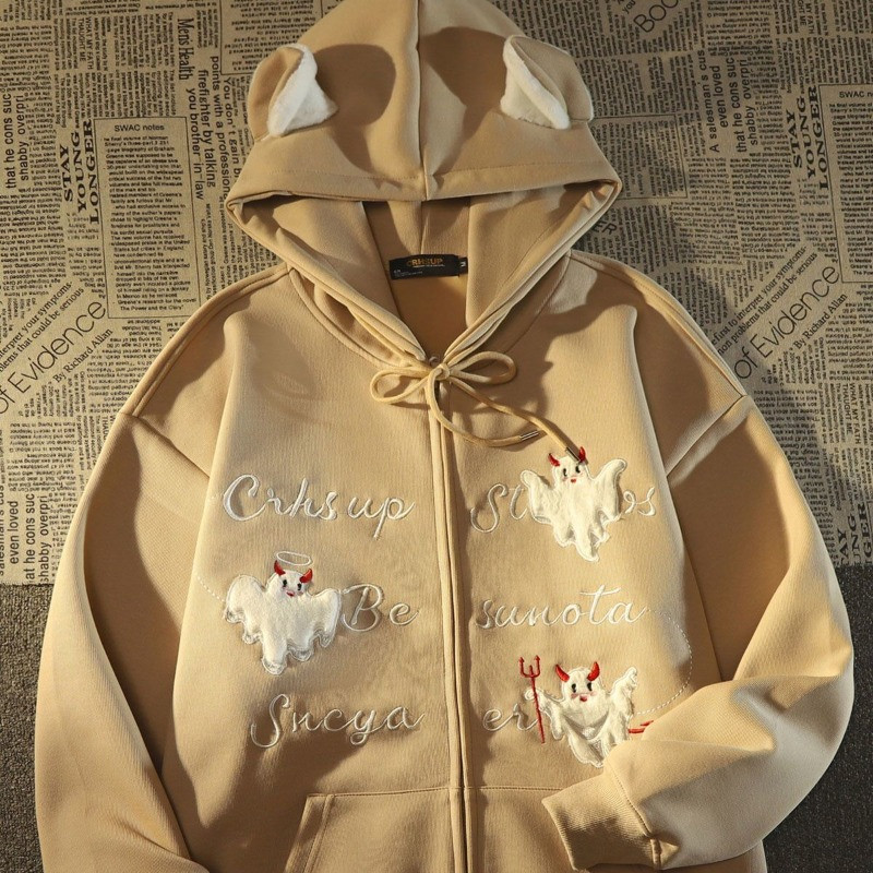 American Vintage Devil Letter Κεντημένο Γυναικείο Παλτό 2023 High Street Fashion Trend Gothic Loose Casual πουλόβερ με κουκούλα