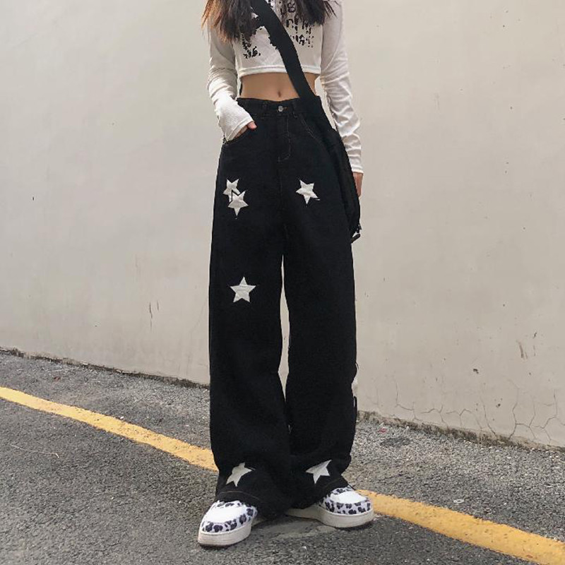 Vintage tänavarõivad mustad laia säärega teksad Naiste gooti stiilis suve kõrge vöökohaga mustriga sirged teksapüksid, naiste vabad vabaaja püksid