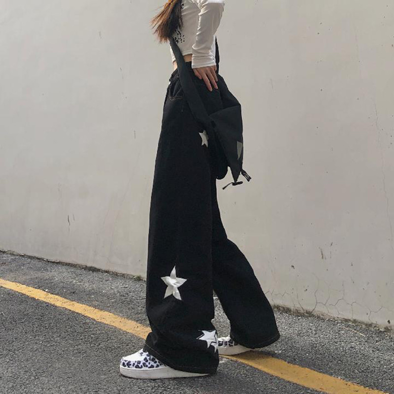 Vintage tänavarõivad mustad laia säärega teksad Naiste gooti stiilis suve kõrge vöökohaga mustriga sirged teksapüksid, naiste vabad vabaaja püksid