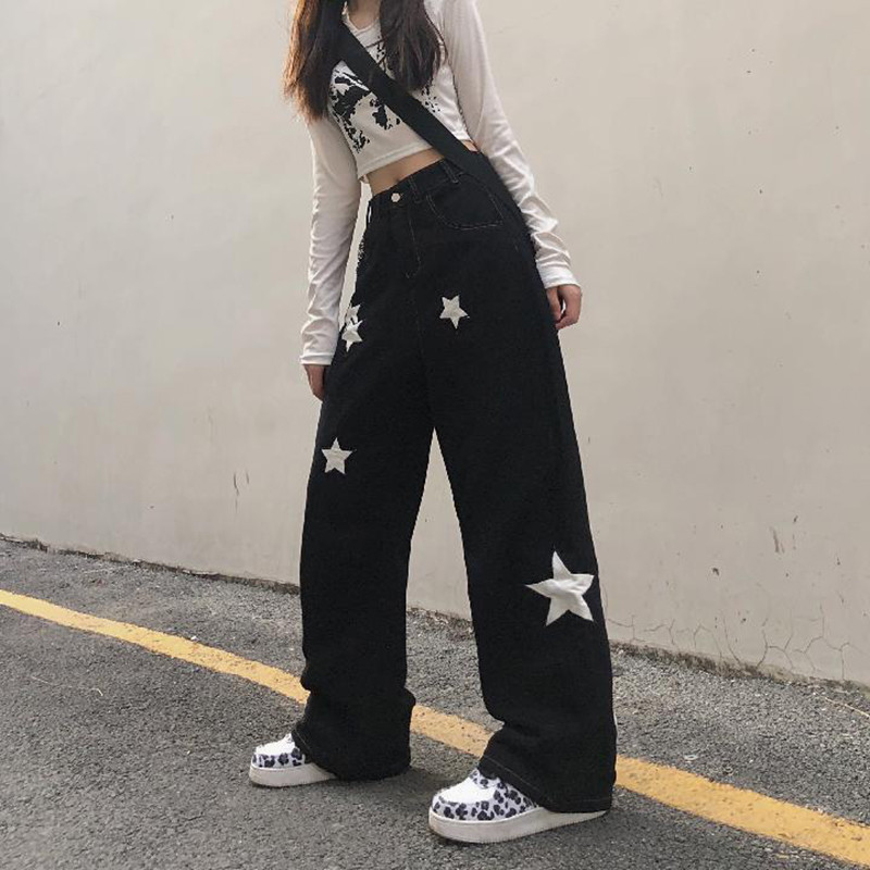 Vintage tänavarõivad mustad laia säärega teksad Naiste gooti stiilis suve kõrge vöökohaga mustriga sirged teksapüksid, naiste vabad vabaaja püksid