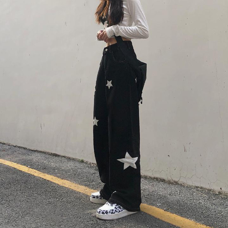 Vintage tänavarõivad mustad laia säärega teksad Naiste gooti stiilis suve kõrge vöökohaga mustriga sirged teksapüksid, naiste vabad vabaaja püksid