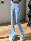 Απλό τζιν με ψηλόμεσο κουμπάκι για γυναίκες Άνοιξη φθινόπωρο Νέο λεπτό τζιν με καμπάνα Κορεάτικο παντελόνι τζιν παντελόνι