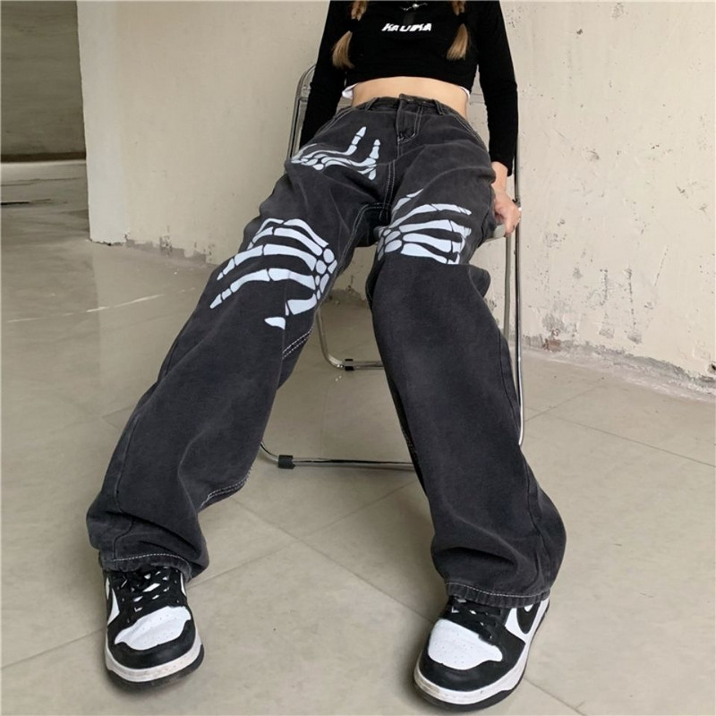 Hiphop Streetwear femei blugi negri de primăvară toamnă noi pantaloni drepți Y2K vintage largi oversize imprimeu ocazional pantaloni largi