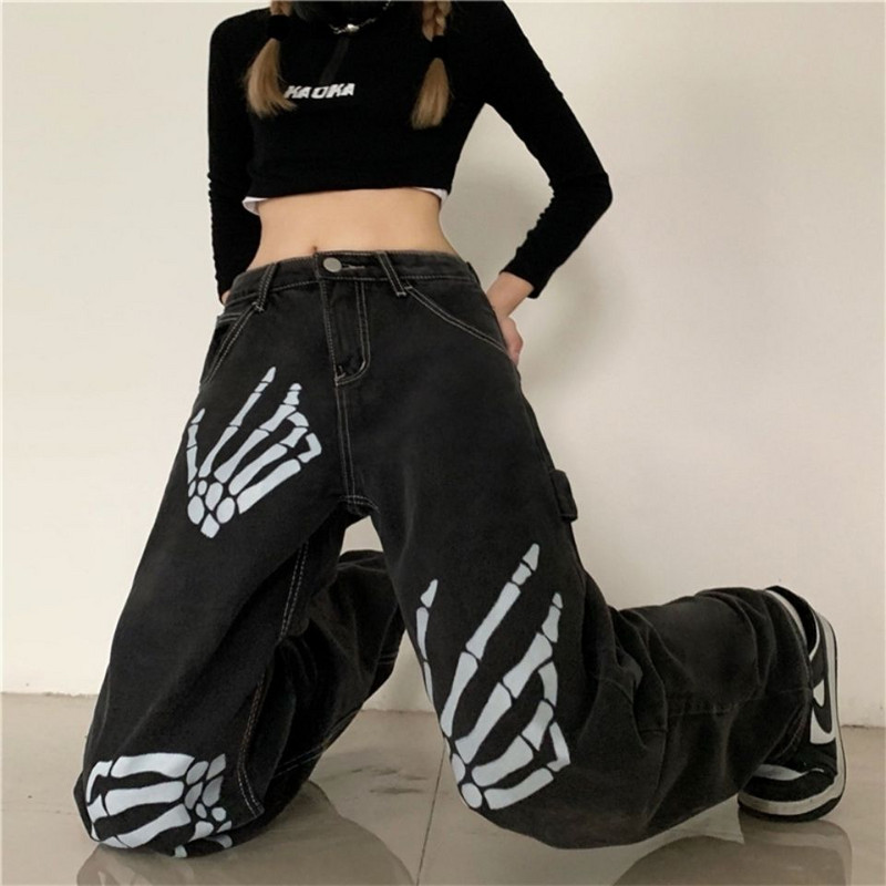 Hiphop Streetwear femei blugi negri de primăvară toamnă noi pantaloni drepți Y2K vintage largi oversize imprimeu ocazional pantaloni largi