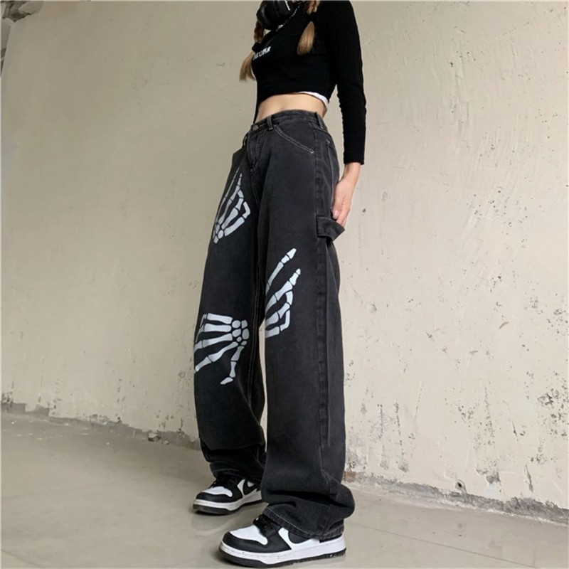 Hiphop Streetwear femei blugi negri de primăvară toamnă noi pantaloni drepți Y2K vintage largi oversize imprimeu ocazional pantaloni largi
