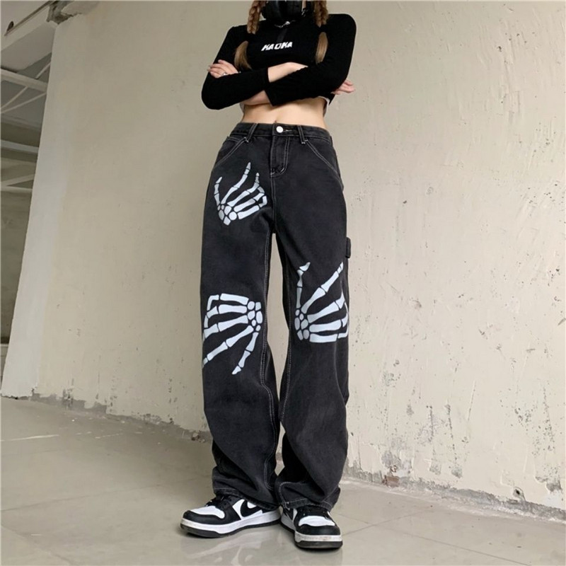 Hiphop Streetwear femei blugi negri de primăvară toamnă noi pantaloni drepți Y2K vintage largi oversize imprimeu ocazional pantaloni largi