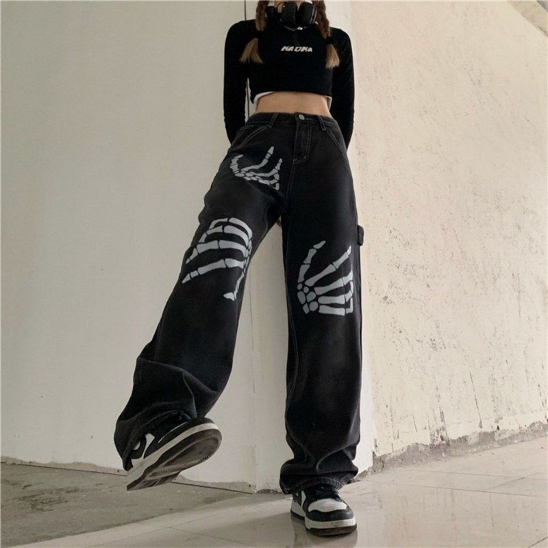 Hiphop Streetwear femei blugi negri de primăvară toamnă noi pantaloni drepți Y2K vintage largi oversize imprimeu ocazional pantaloni largi