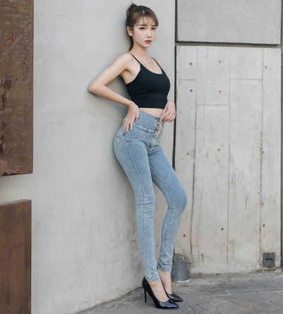 Γυναικεία στενό τζιν ψηλόμεσο Slim ροδακινί παντελόνι γυναικείο σέξι ελαστικό τζιν γυμναστικής
