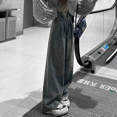 Ležerne plave traperice na kravatu za žene Korejske modne traper hlače s dugmadima s visokim strukom Vintage široke široke hlače za sve vrste Ulična odjeća Y2k