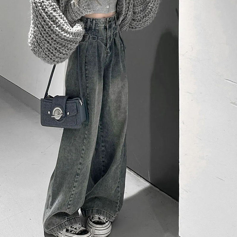 Ležerne plave traperice na kravatu za žene Korejske modne traper hlače s dugmadima s visokim strukom Vintage široke široke hlače za sve vrste Ulična odjeća Y2k