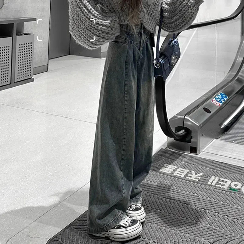 Ležerne plave traperice na kravatu za žene Korejske modne traper hlače s dugmadima s visokim strukom Vintage široke široke hlače za sve vrste Ulična odjeća Y2k