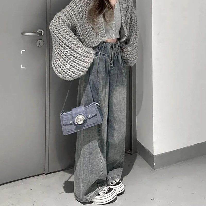 Ležerne plave traperice na kravatu za žene Korejske modne traper hlače s dugmadima s visokim strukom Vintage široke široke hlače za sve vrste Ulična odjeća Y2k