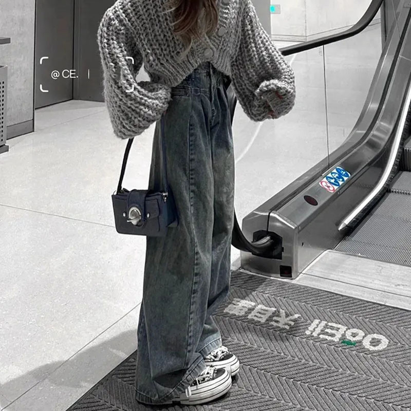 Ležerne plave traperice na kravatu za žene Korejske modne traper hlače s dugmadima s visokim strukom Vintage široke široke hlače za sve vrste Ulična odjeća Y2k