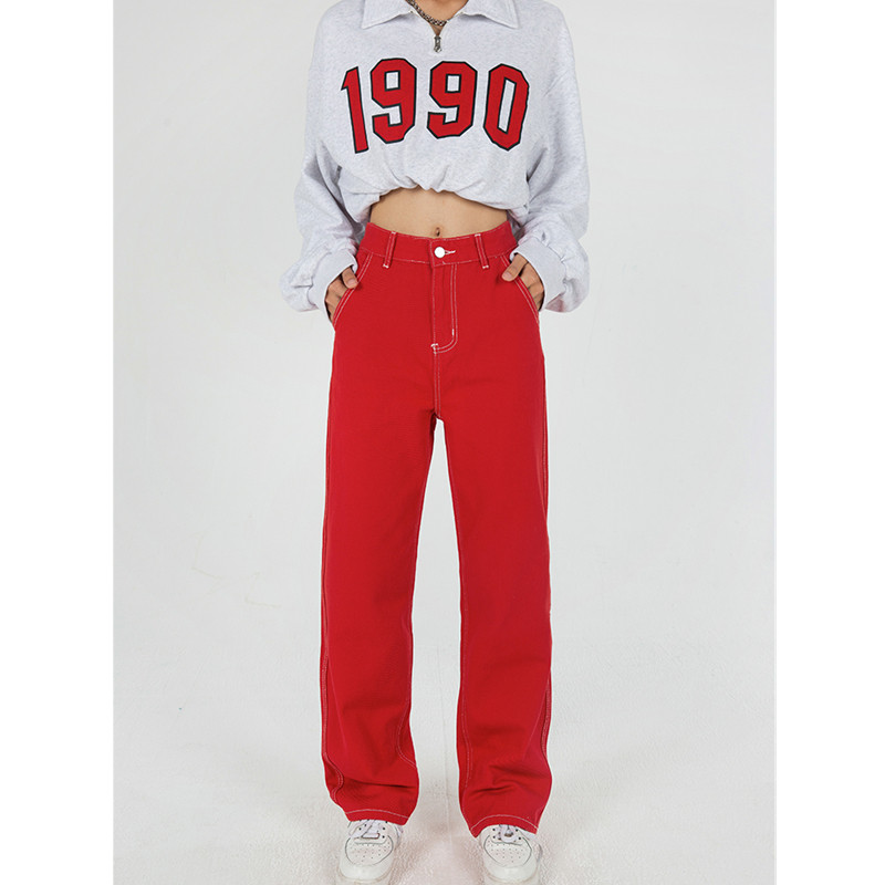 Plus Size Κόκκινο ψηλόμεσο γυναικείο τζιν με φαρδύ πόδι φαρδύ και κομψό σχέδιο τζιν παντελόνι Streetwear Vintage καλοκαιρινό ίσιο τζιν παντελόνι