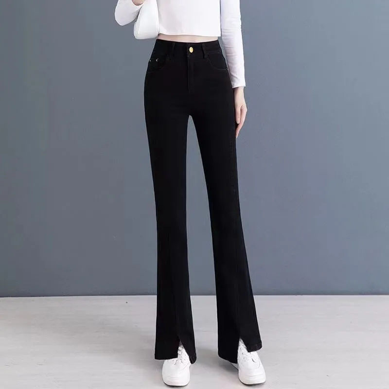 Κορεάτικο Fashion Split Plus Size Flare Jeans για Γυναικεία Vintage Elastic Button Παντελόνι τζιν ψηλόμεσο Γυναικείο κομψό παντελόνι γραφείου