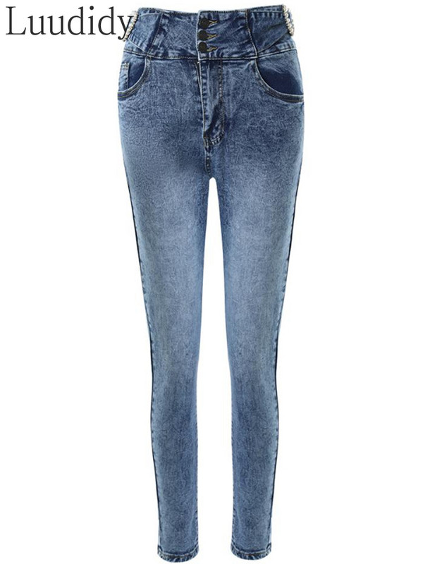 Ženske uske traperice visokog struka s kopčanjem u obliku bisera