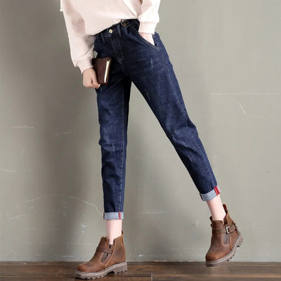 Απλό ρυθμιζόμενο κουμπί μέσης συν μέγεθος 45-80kg Τζιν Harlan για γυναίκες Vintage ελαστικό ψηλόμεσο τζιν φαρδύ παντελόνι Streetwear