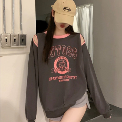 Μακρυμάνικα φούτερ Deeptown Κορεάτικου στιλ Γυναικεία φούτερ Y2k Kpop γράμματα Oversize Γκρι πουλόβερ Harajuku Streetwear Off Shoulder Top