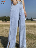 Korejske modne ravne traperice s podijeljenim nogavicama za žene Vintage široke hlače s dugmadima visokog struka Jednostavne traper hlače za sve