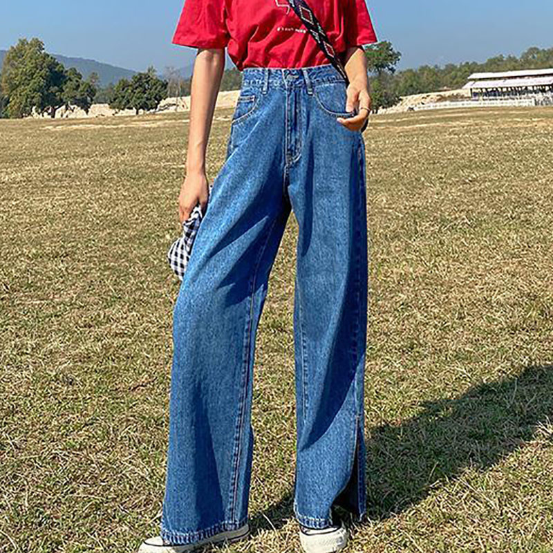 Korejske modne ravne traperice s podijeljenim nogavicama za žene Vintage široke hlače s dugmadima visokog struka Jednostavne traper hlače za sve