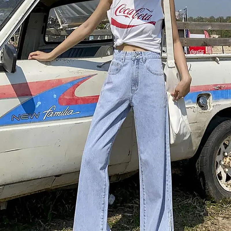 Korejske modne ravne traperice s podijeljenim nogavicama za žene Vintage široke hlače s dugmadima visokog struka Jednostavne traper hlače za sve