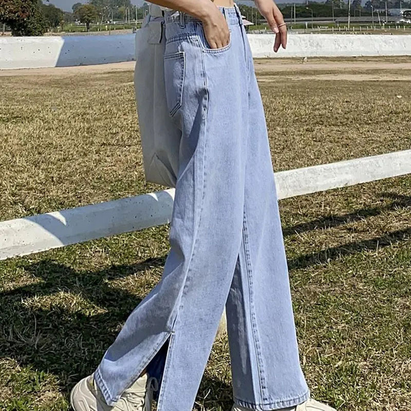 Korejske modne ravne traperice s podijeljenim nogavicama za žene Vintage široke hlače s dugmadima visokog struka Jednostavne traper hlače za sve