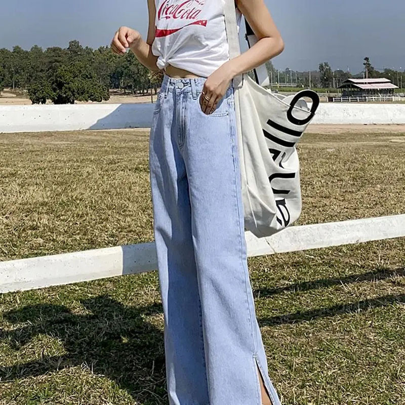 Korejske modne ravne traperice s podijeljenim nogavicama za žene Vintage široke hlače s dugmadima visokog struka Jednostavne traper hlače za sve