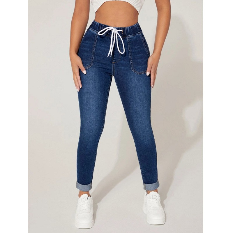 Pingutusnööriga vöökohaga teksapüksid naistele kõrge vöökohaga venivad pliiatspüksid