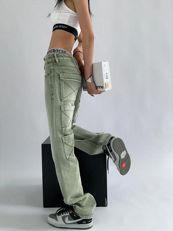 Yedinas Streetwear Πράσινο Boyfriend Jeans Γυναικεία Vintage πλυμένα με πολλές τσέπες Παντελόνι φαρδύ πόδι Ψηλόμεση φαρδύ τζιν παντελόνι