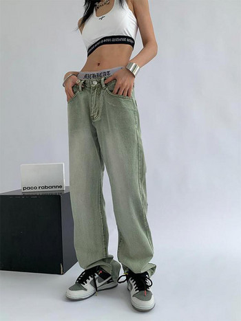 Yedinas Streetwear Πράσινο Boyfriend Jeans Γυναικεία Vintage πλυμένα με πολλές τσέπες Παντελόνι φαρδύ πόδι Ψηλόμεση φαρδύ τζιν παντελόνι