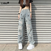 Κορεάτικο μελάνι με σκισμένο τζιν Πλύση με κουμπιά ψηλόμεσο μοντέρνο ευέλικτο χαλαρό ίσιο πόδι φαρδύ πόδι Casual Pantalones De Mujer