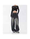 Τζιν παντελόνι Grunge με ψηλόμεσο ίσιο 2023 Γυναικείο casual φαρδύ τζιν παντελόνι με φαρδύ πόδι Y2K ρετρό streetwear