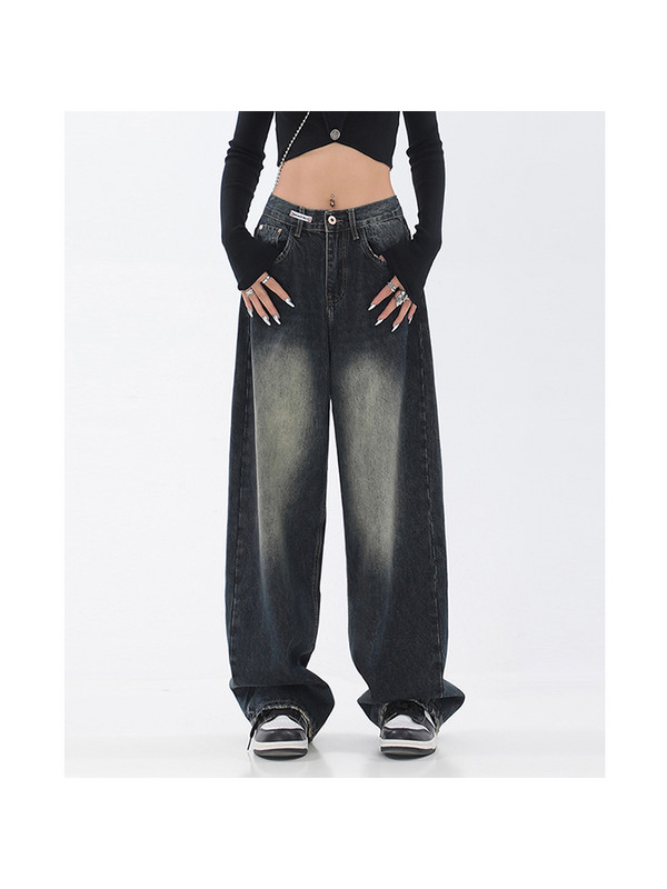 Τζιν παντελόνι Grunge με ψηλόμεσο ίσιο 2023 Γυναικείο casual φαρδύ τζιν παντελόνι με φαρδύ πόδι Y2K ρετρό streetwear