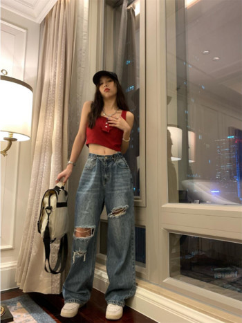 HOUZHOU Kpop Grunge Ripped Baggy Jeans Γυναικεία Harajuku Streetwear ξεφτισμένα κούφια έξω τζιν παντελόνι ψηλή μέση Γυναικείο Vintage Κορεάτικο