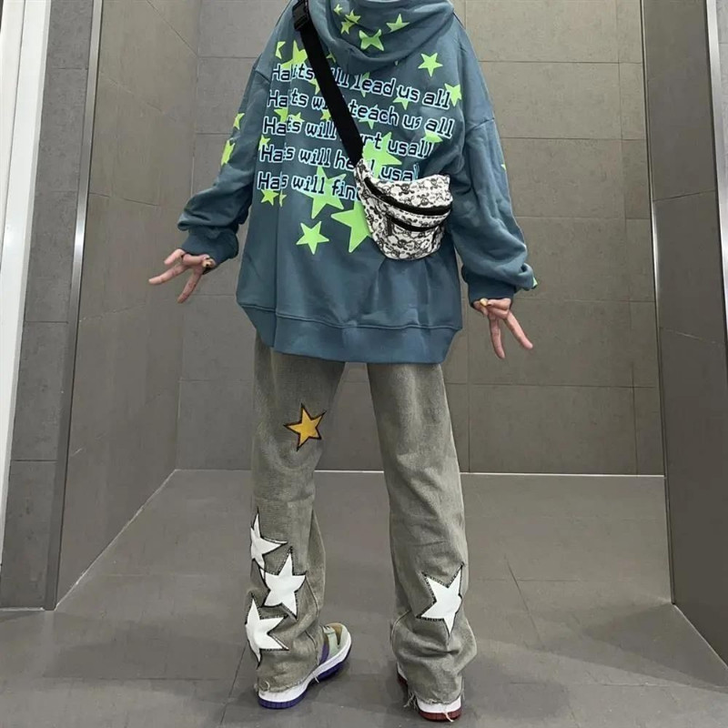 Neploe Traperice s printom zvijezda INS Fashion Slim Straight Tube Hlače širokih nogavica Ležerne Y2K Fairycore E-Girls Harajuku Streetwear Pantalone