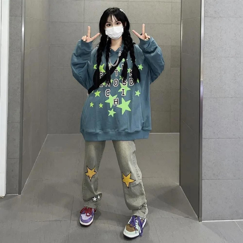 Neploe Traperice s printom zvijezda INS Fashion Slim Straight Tube Hlače širokih nogavica Ležerne Y2K Fairycore E-Girls Harajuku Streetwear Pantalone