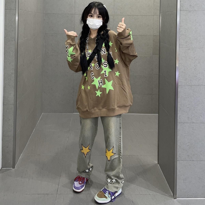 Neploe Traperice s printom zvijezda INS Fashion Slim Straight Tube Hlače širokih nogavica Ležerne Y2K Fairycore E-Girls Harajuku Streetwear Pantalone