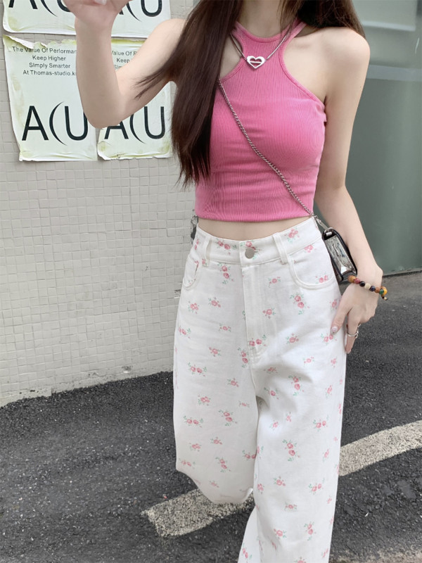 Ezgaga traper hlače s cvjetnim uzorkom Vintage Ljeto Nove široke traperice visokog struka Chic ženske modne duge hlače Streetwear