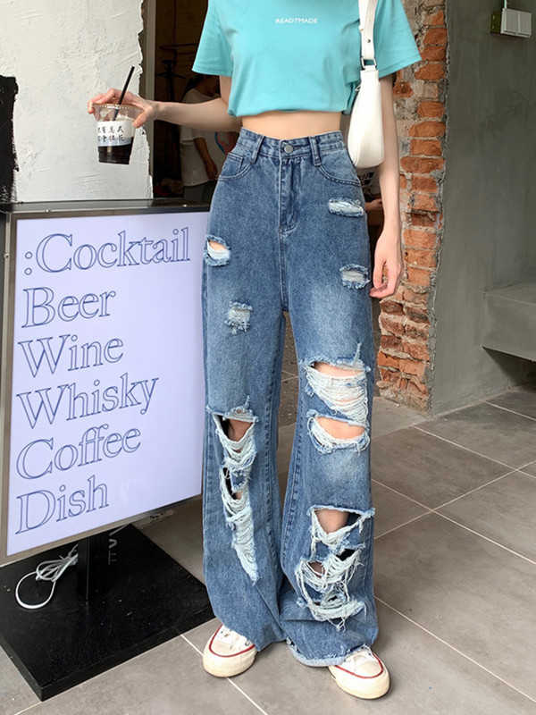 Φαρδύ σκισμένο φαρδύ τζιν Γυναικείο χοντρό Mm ρετρό ψηλόμεση κουρτίνα Σύρετε το πάτωμα για να δείξετε λεπτά γέρικα και γυναικεία παντελόνια