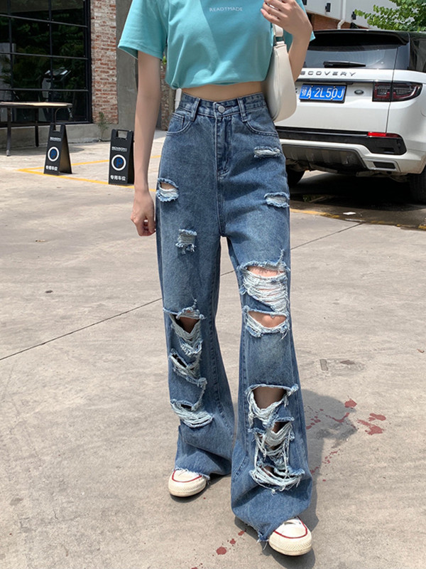 Φαρδύ σκισμένο φαρδύ τζιν Γυναικείο χοντρό Mm ρετρό ψηλόμεση κουρτίνα Σύρετε το πάτωμα για να δείξετε λεπτά γέρικα και γυναικεία παντελόνια