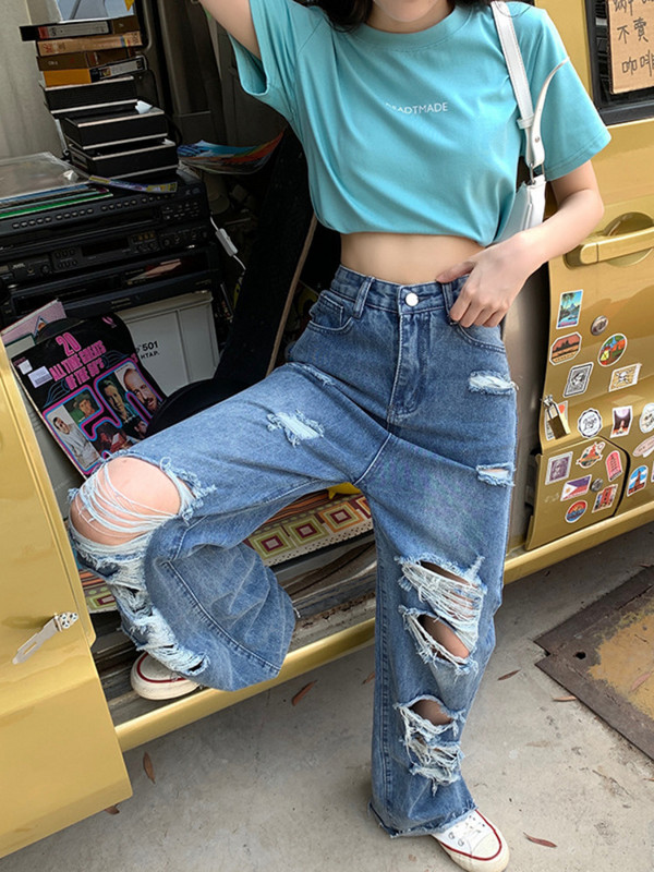 Φαρδύ σκισμένο φαρδύ τζιν Γυναικείο χοντρό Mm ρετρό ψηλόμεση κουρτίνα Σύρετε το πάτωμα για να δείξετε λεπτά γέρικα και γυναικεία παντελόνια