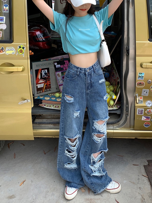 Φαρδύ σκισμένο φαρδύ τζιν Γυναικείο χοντρό Mm ρετρό ψηλόμεση κουρτίνα Σύρετε το πάτωμα για να δείξετε λεπτά γέρικα και γυναικεία παντελόνια