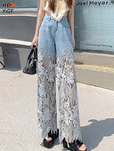 Streetwear Y2k Lace Patchwork Plus Size Jeans για Γυναικεία Άνοιξη Καλοκαίρι Νέο Κουμπί ψηλόμεσο ίσιο παντελόνι Casual φαρδύ τζιν