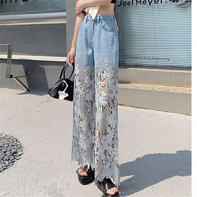 Streetwear Y2k Lace Patchwork Plus Size Jeans για Γυναικεία Άνοιξη Καλοκαίρι Νέο Κουμπί ψηλόμεσο ίσιο παντελόνι Casual φαρδύ τζιν