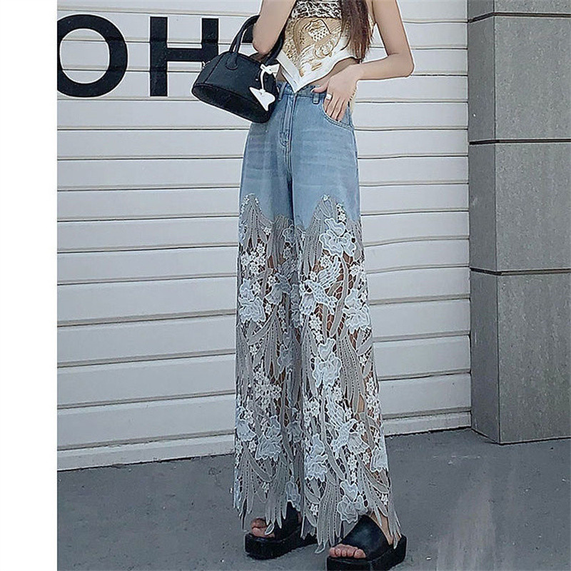 Streetwear Y2k Lace Patchwork Plus Size Jeans για Γυναικεία Άνοιξη Καλοκαίρι Νέο Κουμπί ψηλόμεσο ίσιο παντελόνι Casual φαρδύ τζιν