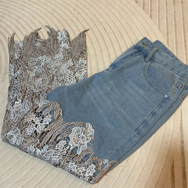 Streetwear Y2k Lace Patchwork Plus Size Jeans για Γυναικεία Άνοιξη Καλοκαίρι Νέο Κουμπί ψηλόμεσο ίσιο παντελόνι Casual φαρδύ τζιν